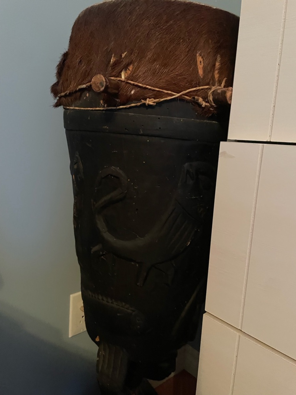 Handcrafted Black Carved Drum with Brown Fur Top 40 inches